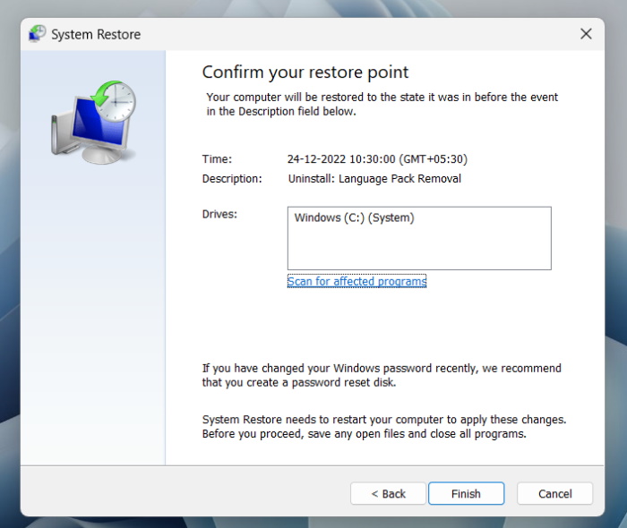 Confirm System Restore Point
