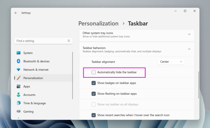 Enable Automatically Hide the Taskbar