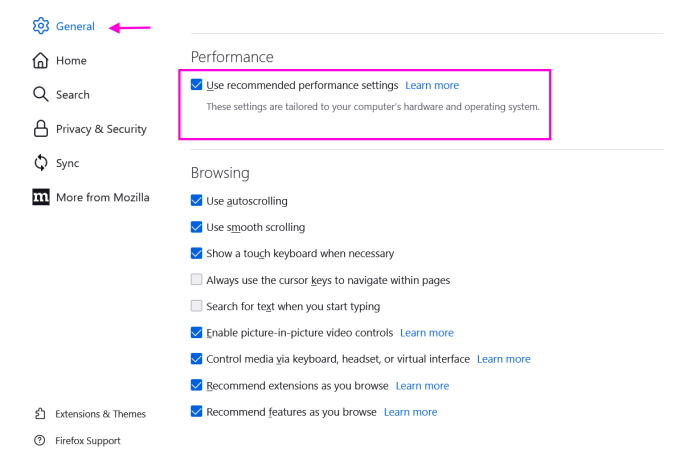 Performance Under Firefox General Settings