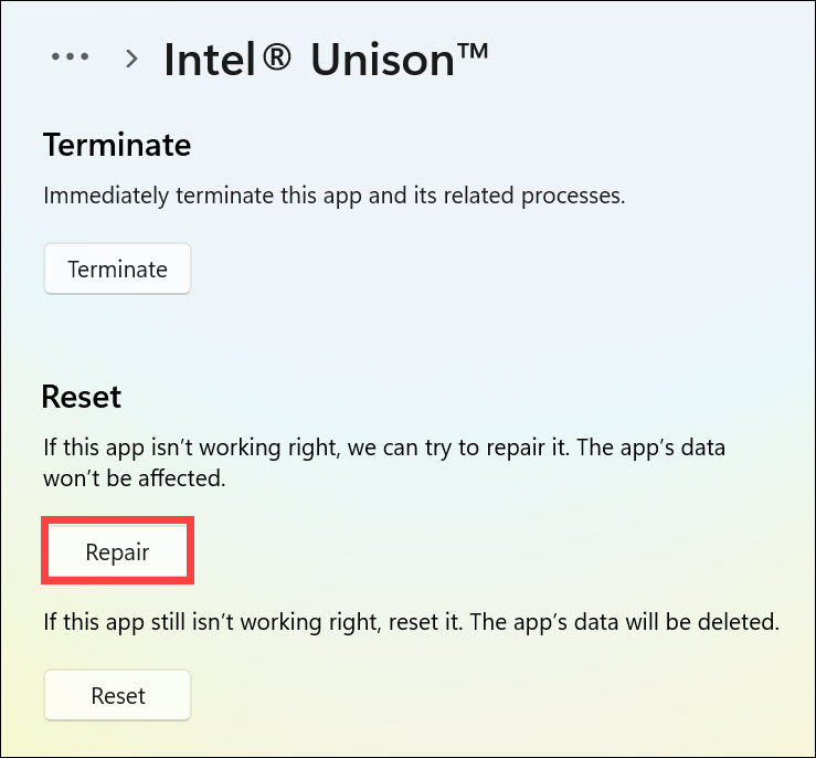 repair intel unison app