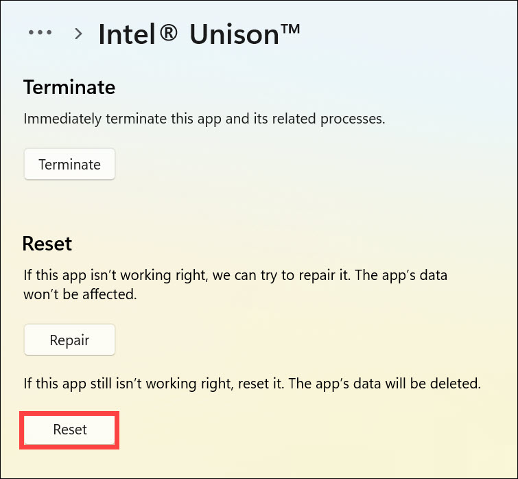 reset intel unison app