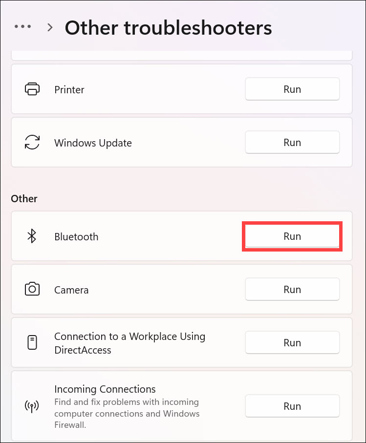 run bluetooth troubleshooter